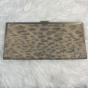 Hobo International Gold Leopard Print Long Framed Clutch 11x6 Card Holder Tan